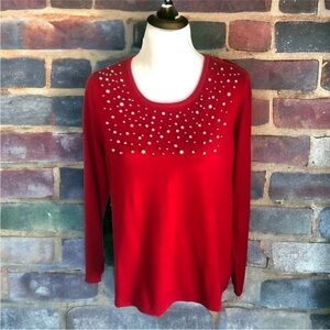 Liz Claiborne Red Pullover Sweater with Rhinestones and Pearl Detail